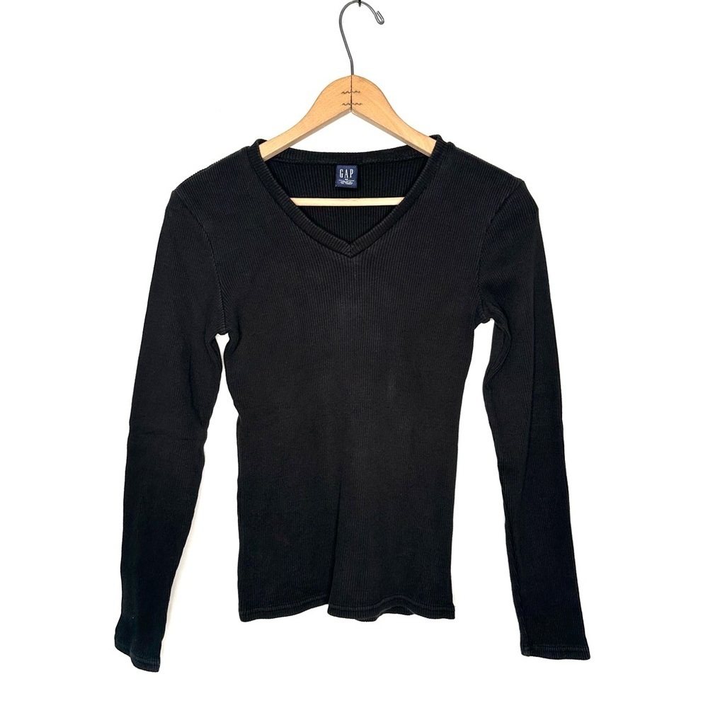 Gap | Black Ribbed V-neck Long Sleeve Y2K Top Size Medium